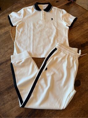 New Jian Wang 2 piece Set Polo-Style White & Black Trim Polo Shirt & Joggers